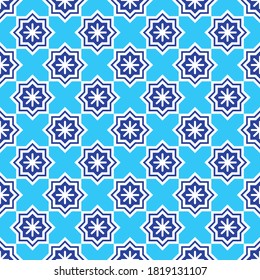 Christmas symmetrical pattern. Seamless pattern with navy blue stars and white snowflakes on a light blue background. Geometric simple festive texture. Mosaic plaid. Winter vector illustration.