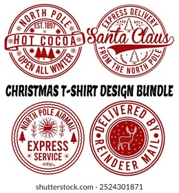 Christmas T- Shirt Design bundle  Santa, design, holiday, north pole, delivery, greeting, grunge, merry, postmark, vector, season, badge, north
