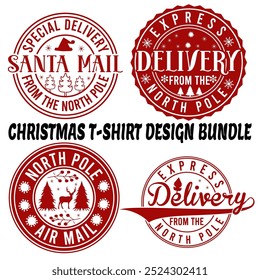 Christmas T- Shirt Design bundle  Santa, design, holiday, north pole, delivery, greeting, grunge, merry, postmark, vector, season, badge, north
