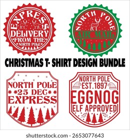 Natal t- Shirt Design Bundle vetor, entrega, grunge, correio, alegre, norte, impressão, sinais, dezembro, vermelho, fundo branco
