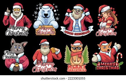 Christmas T shirt Designs Artwork, Christmas T-shirt Designs Bundle, Merry Christmas Vintage Design for Print. Christmas Vector Illustration.