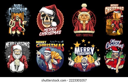 Christmas T shirt Designs Artwork, Christmas T-shirt Designs Bundle, Merry Christmas Vintage Design for Print. Christmas Vector Illustration.