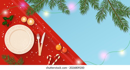 Christmas table background with plate and cutlery decorated with Christmas tinsel, herringbone and spruce branches. Vector illustration, cartoon, flat