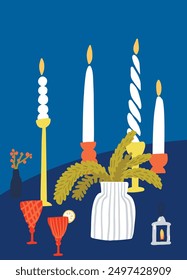 Christmas table decor art poster, tall candles light, spruce branches in vase, red festive glasses on blue background. Vector illustration poster.