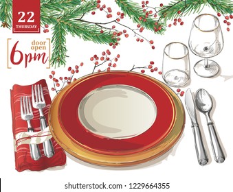 Christmas table decorating setting. Vector Festive cutlery set: forks, knives, spoons, empty plate on napkin with spruce branch. Top view. Watercolor isolated illustration on white background.