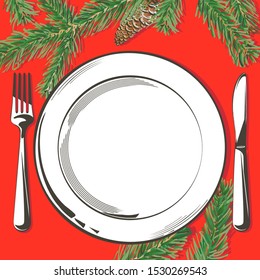 Christmas table decorating setting. Vector Festive cutlery set: fork, knife, empty plate on tablecloth with spruce branch. Menu. Top view. Color isolated illustration on red background.