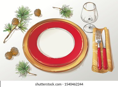 Christmas table decorating setting. Vector Festive cutlery set: fork, knife, empty plate on tablecloth with glass and spruce branch. Menu. Top view. Color isolated illustration on red background.