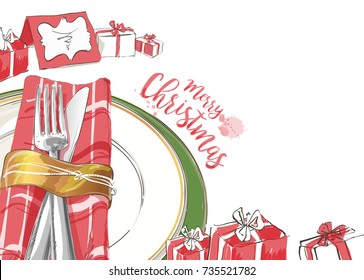 Christmas table decorating setting. Vector Festive cutlery set: forks, knives, empty plates on cloth napkin. Top view. Watercolor isolated illustration on white background.