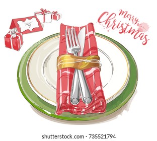 Christmas table decorating setting. Vector Festive cutlery set: forks, knives, empty plates on cloth napkin. Top view. Watercolor isolated illustration on white background.