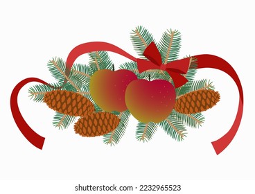 Christmas table decoration with apples and spruce branches, spruce cones and red ribbon