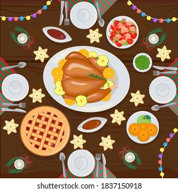Christmas table, food and decor. Christmas cake and roast goose. Vector illustration