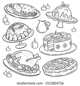 Christmas Table Food Set. Family Dinner. Roasted Turkey. Pudding And Sweet Pie. Cut Meat. Cake Tart And Muffin. Line Doodle Drawing. Linear Art Vector Illustration For Restaurant Menu, Flyer, Recipe.