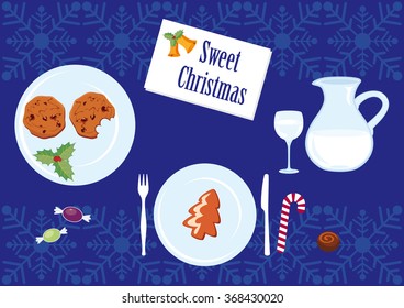 Christmas table full of sweets. Christmas card with Christmas meal. Holiday background Christmas meal. Holiday background. Christmas card illustration. Festive Christmas card. Christmas background