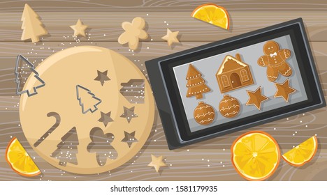 Christmas table with gingerbread cookies dough and metal forms. Orange slices decorations. Wooden background. Holiday vector
