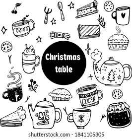 Christmas table illustration, Teapot, Tea, holiday set