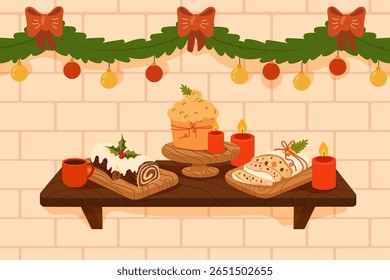 Kersttafel met Italiaanse panettone versierd met citrus, Duits gestolen met lint, en Franse chocolade Yule log cake bekroond met hulst. De gezellige compositie voor wintervakantie ontwerpen