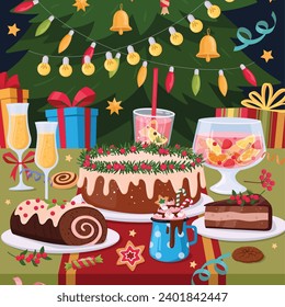 Christmas table poster. Cartoon festive winter holidays meal, traditional dishes on table, holiday pastry and desserts flat vector background illustration