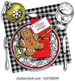 Christmas table setting. Gingerbread, plate, fork, spoon, knife, wine glass, napkin and toy ball. Vector illustration.