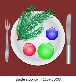 Christmas table setting on the white plate with cutlery