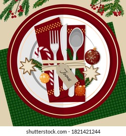 Christmas table setting. Plates, cutlery, napkins, glasses, decorations, name card, gifts and decor. Branches of a Christmas tree and berries. Vector illustration. Top view