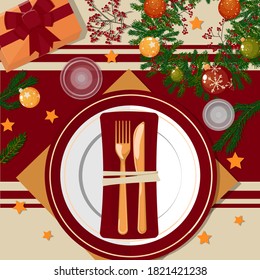 
Christmas table setting. Plates, 
 golden cutlery, napkins, glasses, decorations, gifts and decor. Branches of a Christmas tree and berries. Vector illustration. Top view