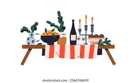 Christmas table setting, served for festive dinner, decorated with holiday candles, fir branches. Champagne bottle, fruits on tablecloth. Flat vector illustration isolated on white background