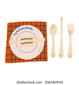 Christmas table setting. Set of elements. Plate, knife, spoon, fork, napkin. Vector hand-drawn illustration.