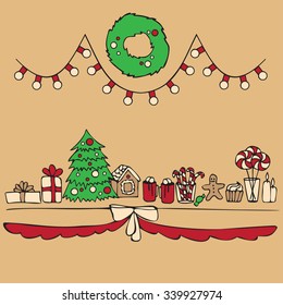 Christmas table with tree and sweets, gifts, new year party elements