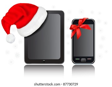 Christmas Tablet Computer with Santa hat and mobile phone with ribbon. Vector.