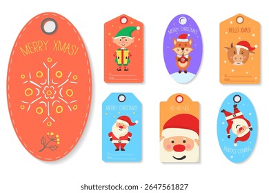Coleção de etiquetas de Natal. Design de emblema festivo com azevinho, abeto e xícara. Personagens de pinguim, urso e Papai Noel na saudação de inverno. Etiqueta de presente bonito com meia, floco de neve e mensagem do cartão.