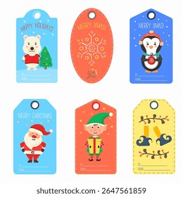 Christmas tag collection. Festive badge design with holly, fir tree and cup. Penguin, bear and santa characters in winter greeting. Cute gift label with sock, snowflake and card message.