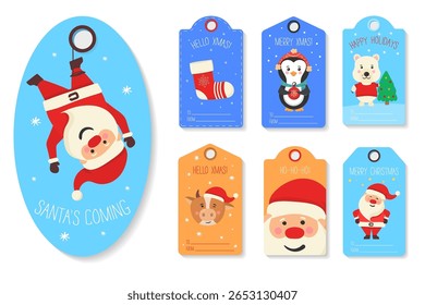 Christmas tag collection. Festive badge design with holly, fir tree and cup. Penguin, bear and santa characters in winter greeting. Cute gift label with sock, snowflake and card message.