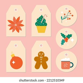 Christmas tag collection. Printable gift labels with cute flat Xmas objects - flowers, baubles, sweets. Greeting cards and stickers template for holiday presents.