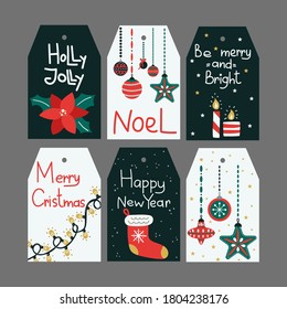Christmas tag. Decorative gift labels with xmas attributes, poinsettia and candles, balls and socks tags with lettering winter festive offer, sale and discount sticker cards vector template set
