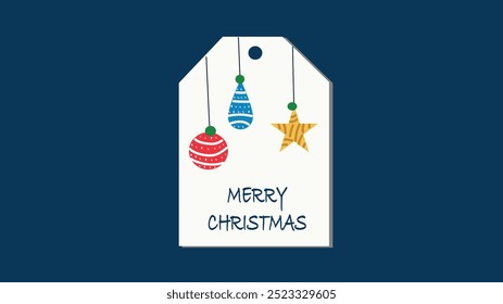 A Christmas tag featuring a festive design with three hanging ornaments, including two baubles and a star, along with the 'Merry Christmas' greeting on a dark blue background.