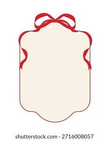 Navidades Ilustración vectorial de marco de etiqueta con lazo de cinta roja y etiqueta beige en blanco. Diseño festivo de vacaciones para etiqueta de regalo, pegatina, invitación y embalaje.