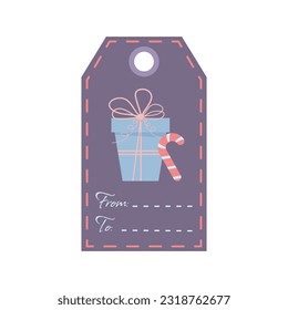 Etiqueta de Navidad con regalo y caña de caramelo. Plantilla de etiqueta de regalo de vacaciones. 