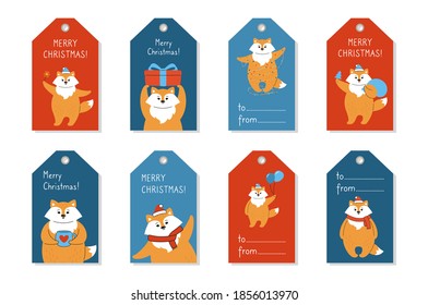 Christmas tag price set, cartoon fox. Paper label cute vector foxes. Hand drawn funny cartoon animal. New year collection template label. Happy New year, merry Christmas