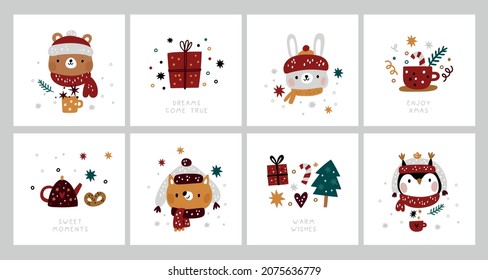 Christmas tag prints with festive decoration elements and cute animals.  Xmas collection with baby animals in cartoon style and warm wishes. Ideal for nursery prints, gifts decoration, holiday cards