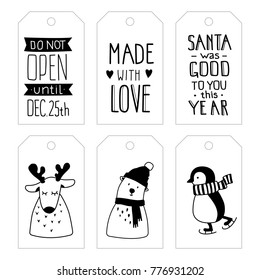 Christmas tag set. Animal, lettering. Holiday decoration gift box, greeting card, label. Creative vector black elements for print. Scandinavian nordic flat hand drawn design isolated on white