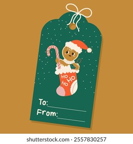 A Christmas tag template with an illustration of gingerbread. Gingerbread is sitting in a Christmas sock with a caramel cane. Vector illustration for a flat-style holiday in green, orange