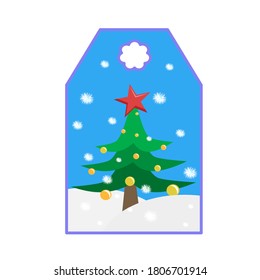 A Christmas tag with a Christmas tree and snowflakes is isolated on a white background. Christmas tree with toys and a red star in the snowdrifts. Evening snow weather. Vector illustration for new