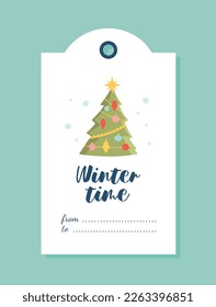 Christmas tag with tree. Symbol of winter holidays and New Year. Decorations for home and apartment, garland and colorful balls. Poster or banner for website. Cartoon flat vector illustration