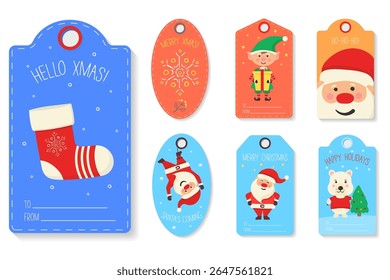 Christmas tag vector. Festive label set with cute santa bear penguin and snowflake. Winter holiday card design with gift box fir tree and cocoa. Jolly greeting with marshmallow and candy.