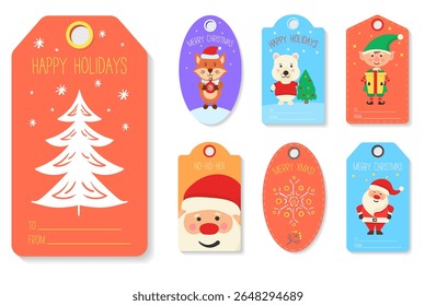 Christmas tag vector. Festive label set with cute santa bear penguin and snowflake. Winter holiday card design with gift box fir tree and cocoa. Jolly greeting with marshmallow and candy.