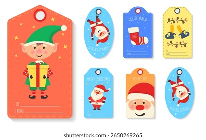 Christmas tag vector. Festive label set with cute santa bear penguin and snowflake. Winter holiday card design with gift box fir tree and cocoa. Jolly greeting with marshmallow and candy.