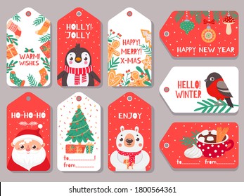 Christmas tag. Winter holiday xmas gift labels with cute characters santa, bear and bullfinch, penguin and festive lettering vector set. Fir tree with present boxes, cocoa with marshmallow