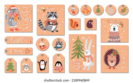  Christmas tags and cards set. Cartoon animals ,fir trees, cup of chocolate, stick, gingerbread, holly, poinsettia, snowflakes, berries, sock, bells.Hand lettered text.Vector hand drawn illustration.