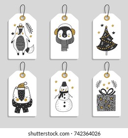 Christmas tags with cute animals and christmas tree. Snowman ,bear and penguin with fox.