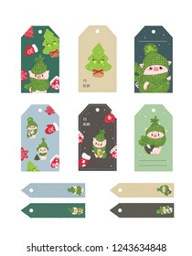 Christmas tags cute collection. Labels with funny pigs with hat and scarf. Vector illustration. Chinese New Year symbol